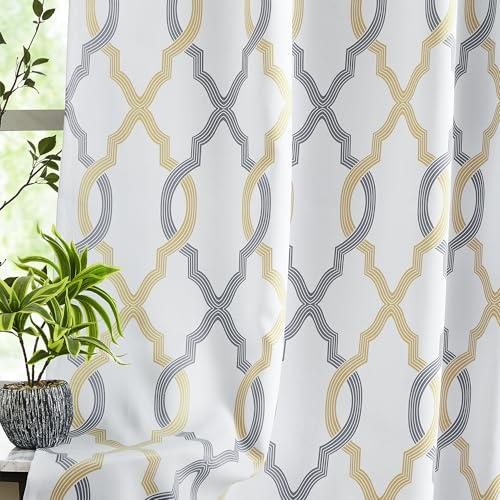 ugoutry 100% Blackout Curtains 96 Inches Long for Bedroom, Yellow Grey on White Moroccan Geometric Patterned Window Curtain for Living Room, Farmhouse Thermal Insulated Drapes Grommet Top 2 Panels