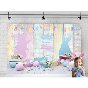 Easter Photo Prop 7x5ft Durable Fabric Spring Easter Backdrops for Photography Colourful Wood Floor Eggs Happy Bunny Rabbit Rustic Wooden Wall Backdrop