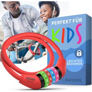 Bike Locks Cable for Kids - Colorful & Keyless - Secure Your Child's Bike - Easy-to-Use Bicycle Accessory, High Security 5 Digit Resettable Combination Coiling Bicycle Lock, Anti Theft (Red)