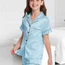 Kids Satin Pajamas Set, 2 Pieces Silky Pjs Short Sleeve & Pants Sleepwear Loungewear Button Down Pjs Set for Boys and Girls Blue Striped