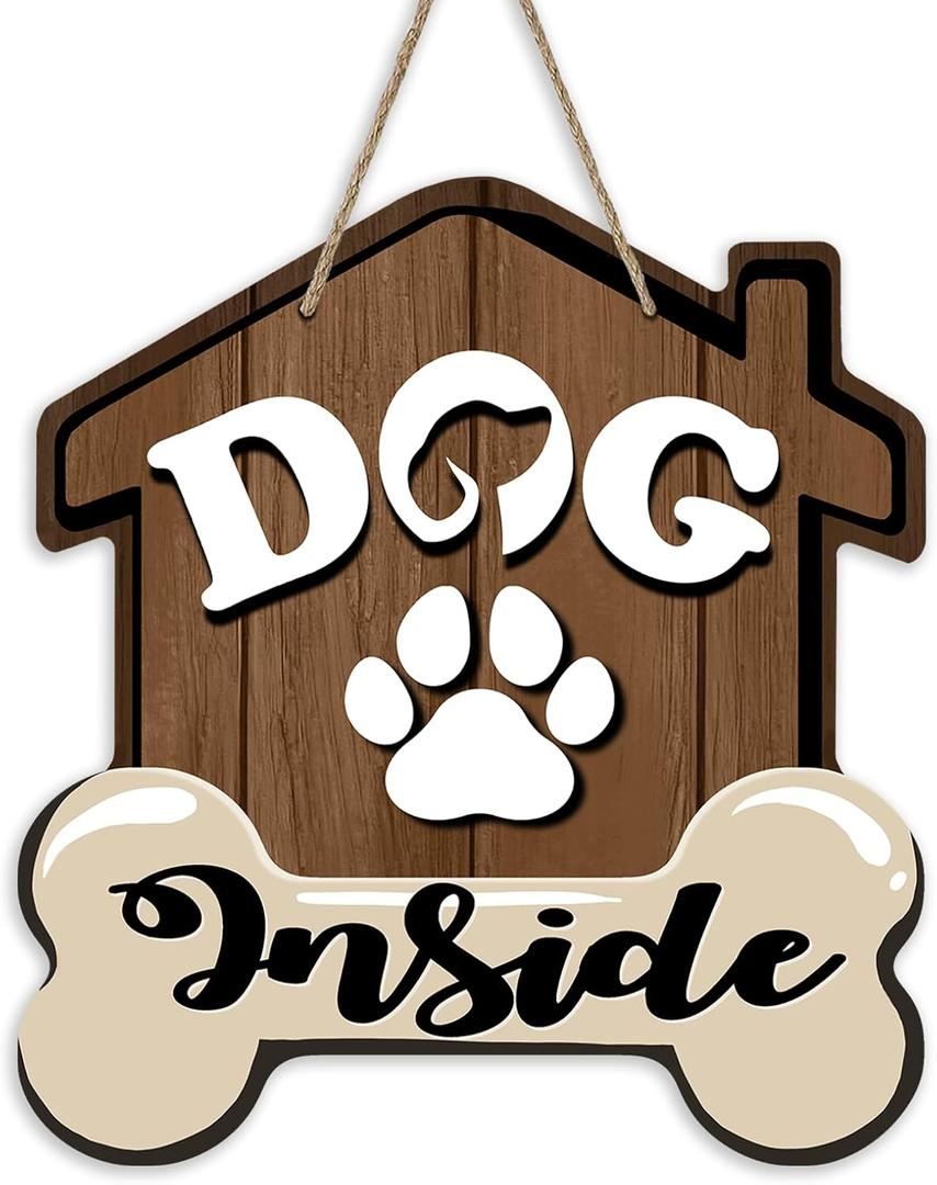 Dog Inside Front Door Sign, Doghouse Bone Paw Prints Wood Door Hanger Outdoor Outside Porch Decor, Farmhouse Wooden Wreath Indoor Wall Hanging Decoration Pet Owner Lover Gift
