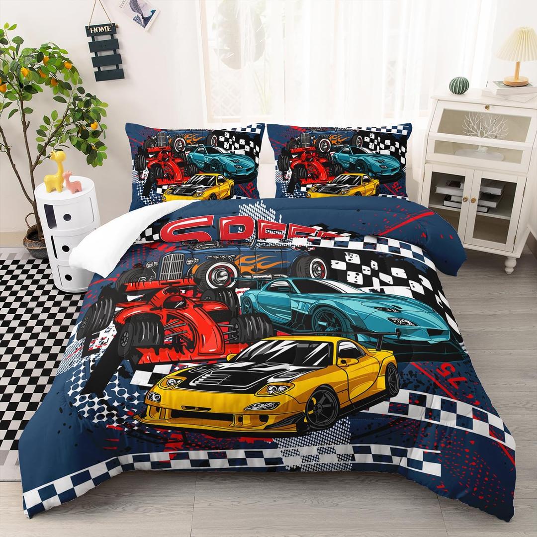 AILONEN Racing Car Comforter Set Full Size, Cool Speed Race Car Bedding Sets for Kids Boys,Automobile Extreme Sport Duvet Set,Checkered Squares Quilt Set,3 Pieces,1 Quilt and 2 Pillowcases,Microfibre