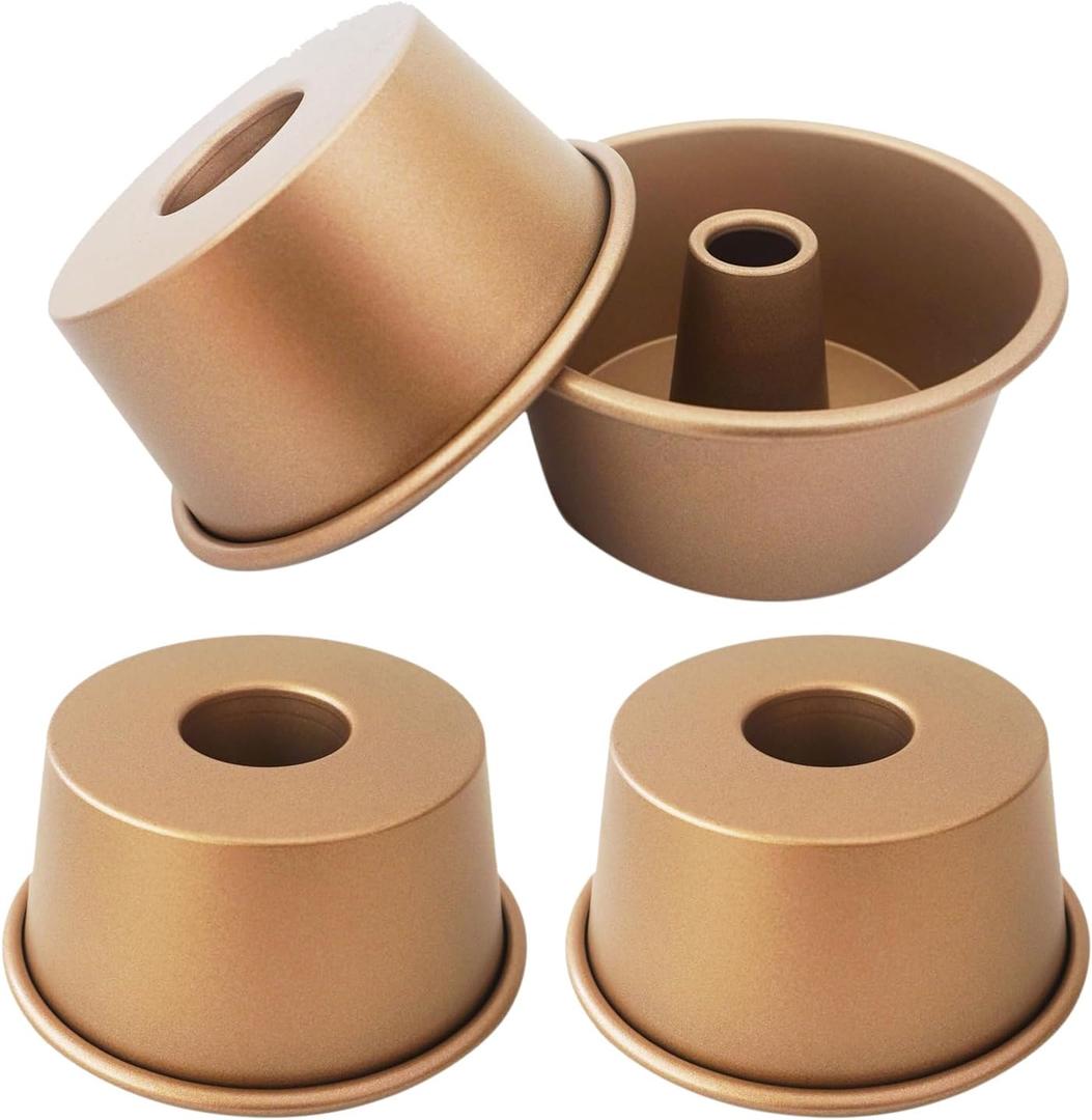 3.5 Inch Angel Cake Pan, Mini Fluted Tube Pan, Nonstick Ring Mold for Baking Angel Food, Chiffon, Pound Cake, Mousse - Gold, 4PCS