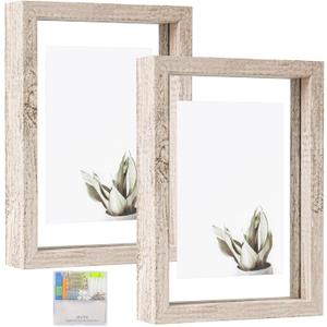 MUYE 5x7 Floating Frames Distressed Beige White Wood Pattern,Double Glass Picture Frame Display Any Size Photo up to 5x7,Wall Mount or Tabletop,2 Pack