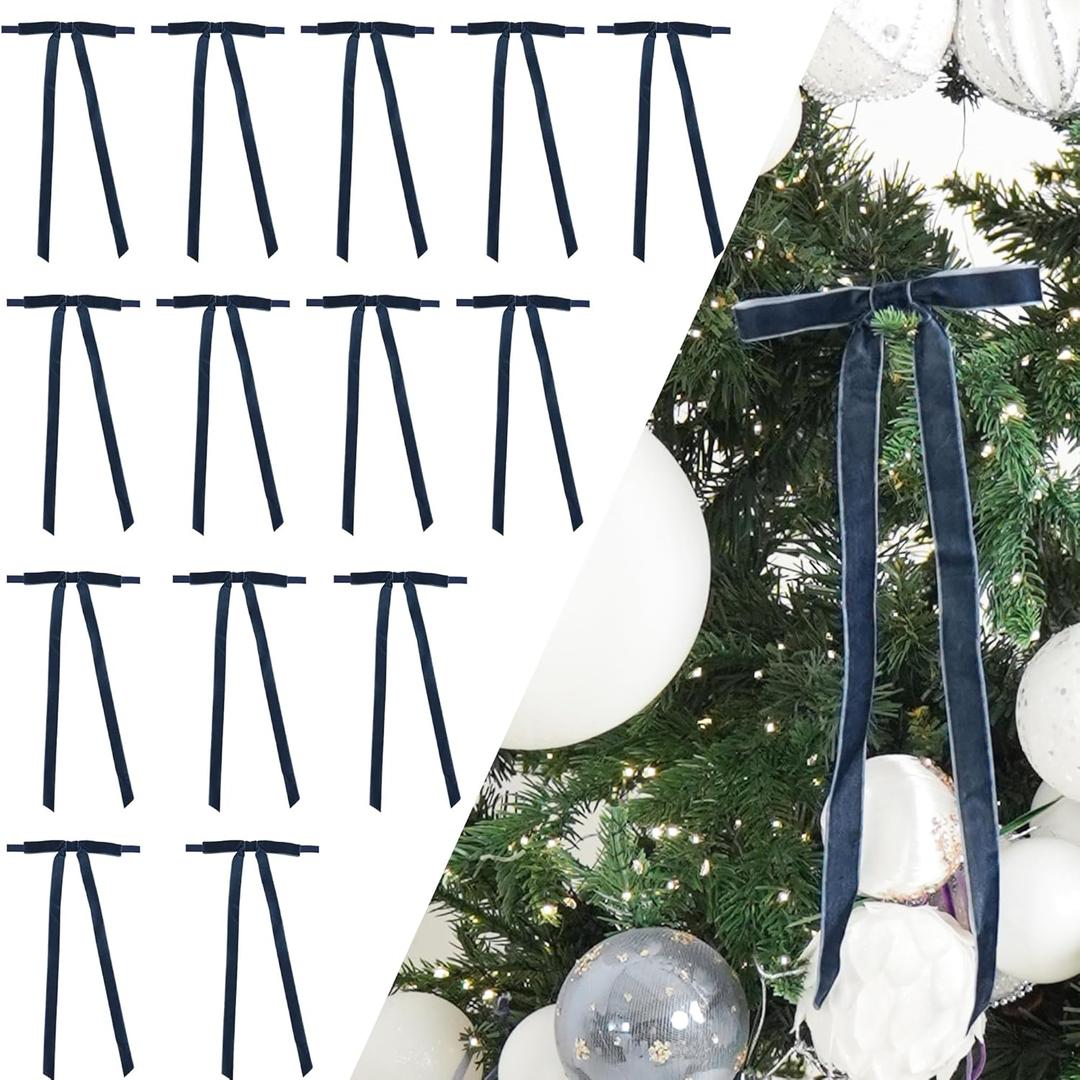 5'' Navy Blue Bow with Long Tail, 24 Pieces Velvet Christmas Bows for Wreaths Already Made, Premade Pretied Bows for Treat Bags, Christmas Tree, Gift Wrapping, Party Favor, Crafts, Wedding (Blue & Dark Green)