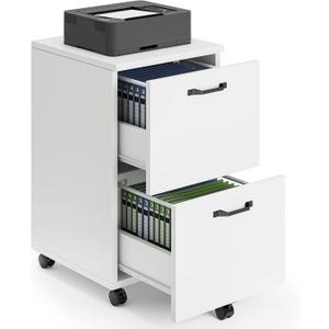 Sweetcrispy 2 Drawer Filing Cabinet White, Rolling Wood File Cabinets with Printer Stand Under Desk Storage Lockable Wheels, Home Office Organizer