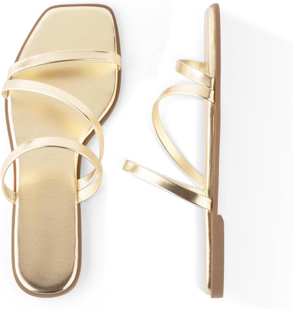 LACUONE Strappy Flat Sandals For Women Slip On Square Open Toe Slides Sandals (9, Gold)