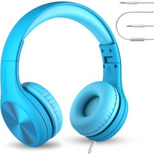 LilGadgets Connect+ Pro Wired Kids Headphones for School with Microphone, Volume Limiting Over-Ear Headset with Cord, SharePort Technology & SoftTouch Padding, Blue (Plain)