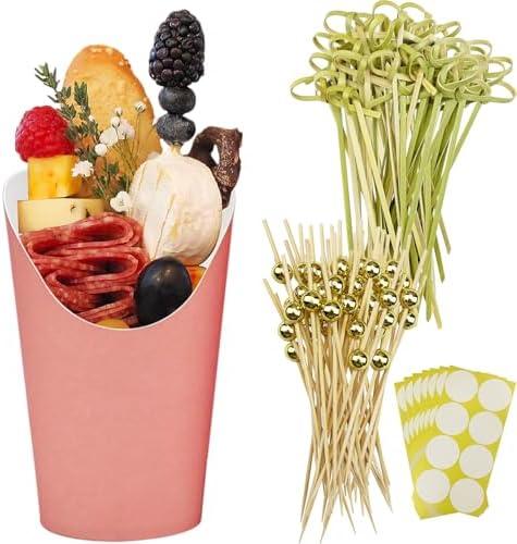 CAMKYDE 50 Charcuterie Cups + 200 Cocktail Picks + 56 Labels, 12 oz Disposable Charcuterie Cups with Sticks (2 Types), French Fry Cup Pink Paper Appetizer Cup for all Occasions (Pink)
