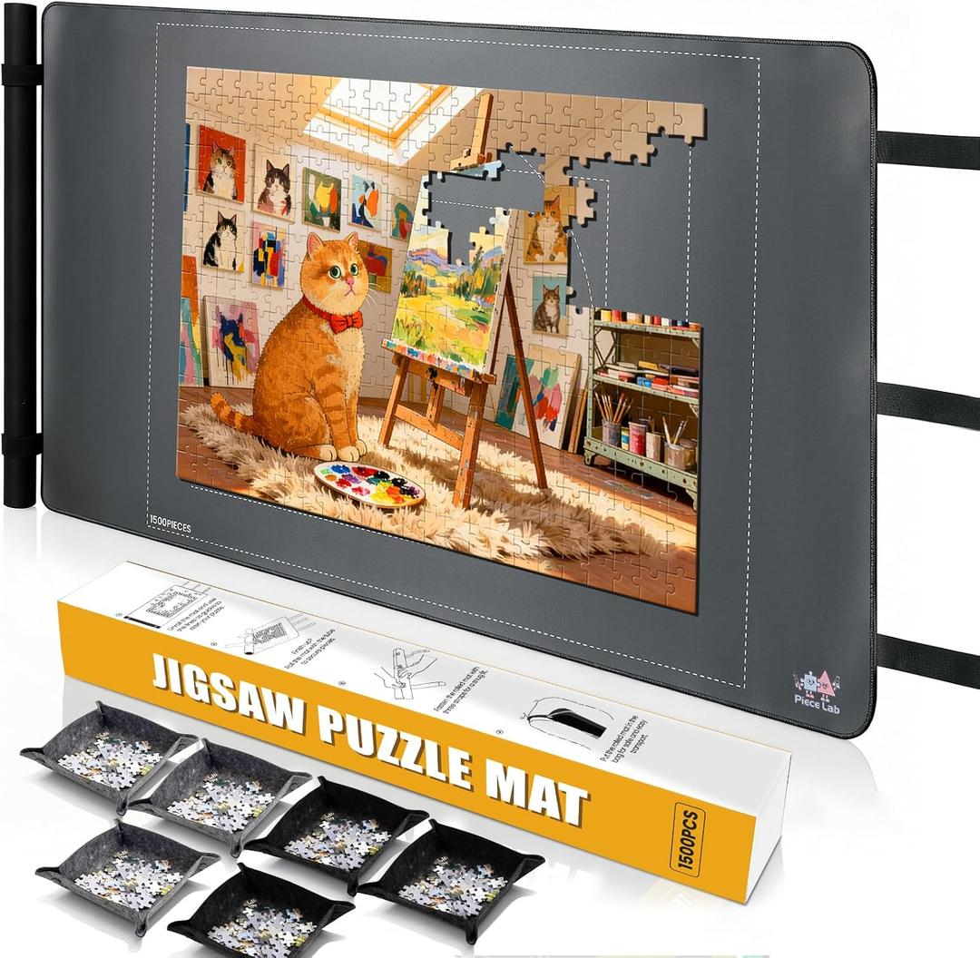 Premium All-in-One Puzzle Mat Roll Up - 46" x 26" Puzzle Mat Holds Up to 1500 Pieces with Non-Slip Rubber Bottom & Smooth Top + 6 Puzzle Sorting Trays & Beautiful Gift Packaging, 1500pcs