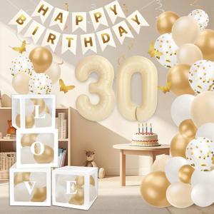 30th Birthday Decorations for Her - 66pcs Birthday Party Balloons Decorations Kit with Happy Birthday Banner for Women with Number 30 Foil Balloon, White Gold Balloons & Butterfly Decals