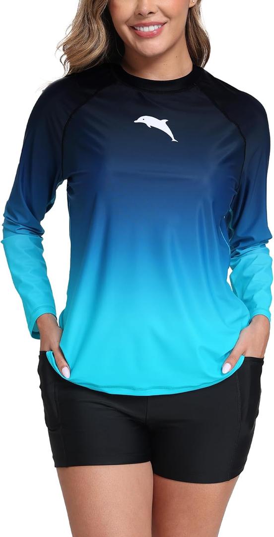 Halcurt Women's Built in Bra Rash Guard Long Sleeve Swimwear UPF 50 Two Piece Swim Shorts and Tops (Large, Ombre Dark Blue)