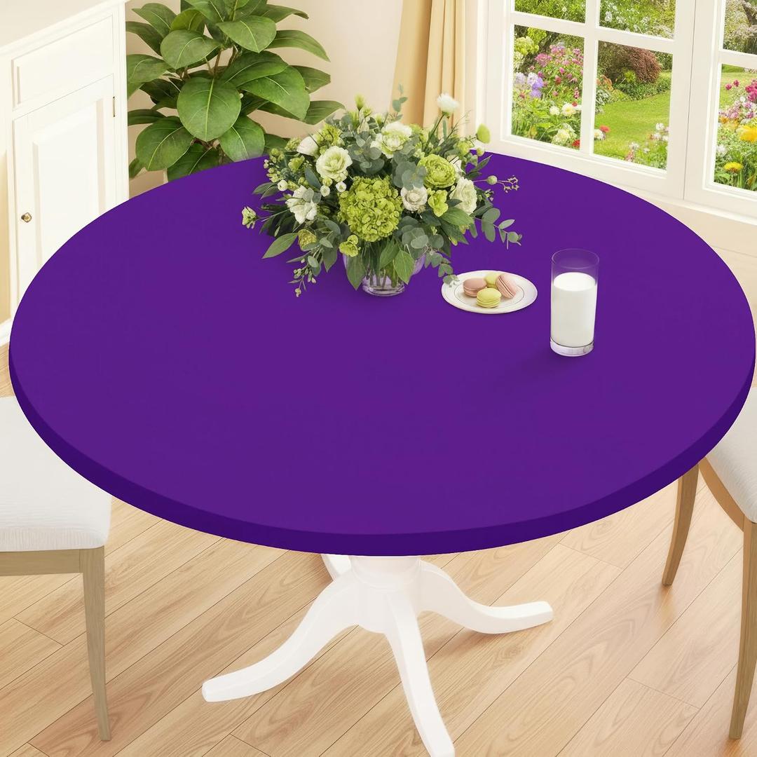 Smiry Round Spandex Tablecloth, Elastic Fitted Washable Tablecloths for 42"-50" Tables, Waterpoof Stretch Picnic Table Cover for Dining, Indoor and Outdoor, Purple, For Up to 42"-50" Round
