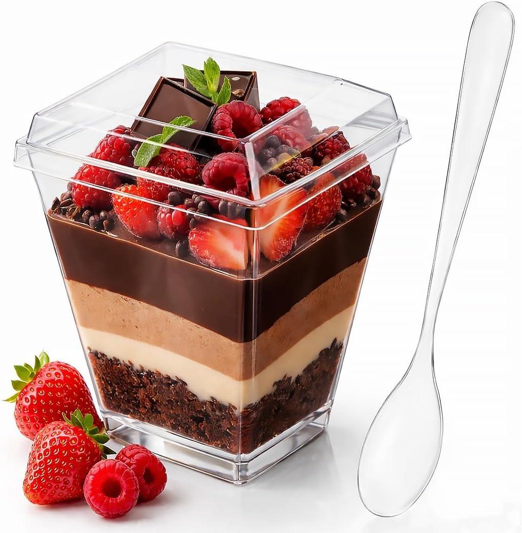 100 Pcs 5 oz Plastic mini Dessert Cups with Lids and Spoons Parfait Cups with Lids Yogurt and Appetizer dessert shooter cups for Party, Pudding, Ice Cream, Fruit, BPA Free Clear Recyclable.