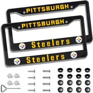 2 Piece License Plate Frames for Steelers Fans, Anti-Dirty and Rustproof Aluminum Alloy License Plate Frames US Standard License Plate Holder with Screw Caps Set (S-Black)