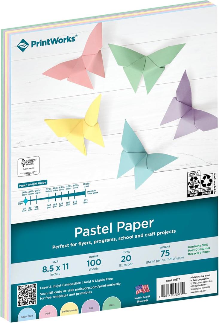 Printworks Pastel Paper, 20 lb, 5 Assorted Pastel Colors, 30% Recycled Color Printer Paper, SFI Certified, Perfect for School and Craft Projects, 100 Sheets, 8.5 x 11 Inch (00577) (Single, Pastel)