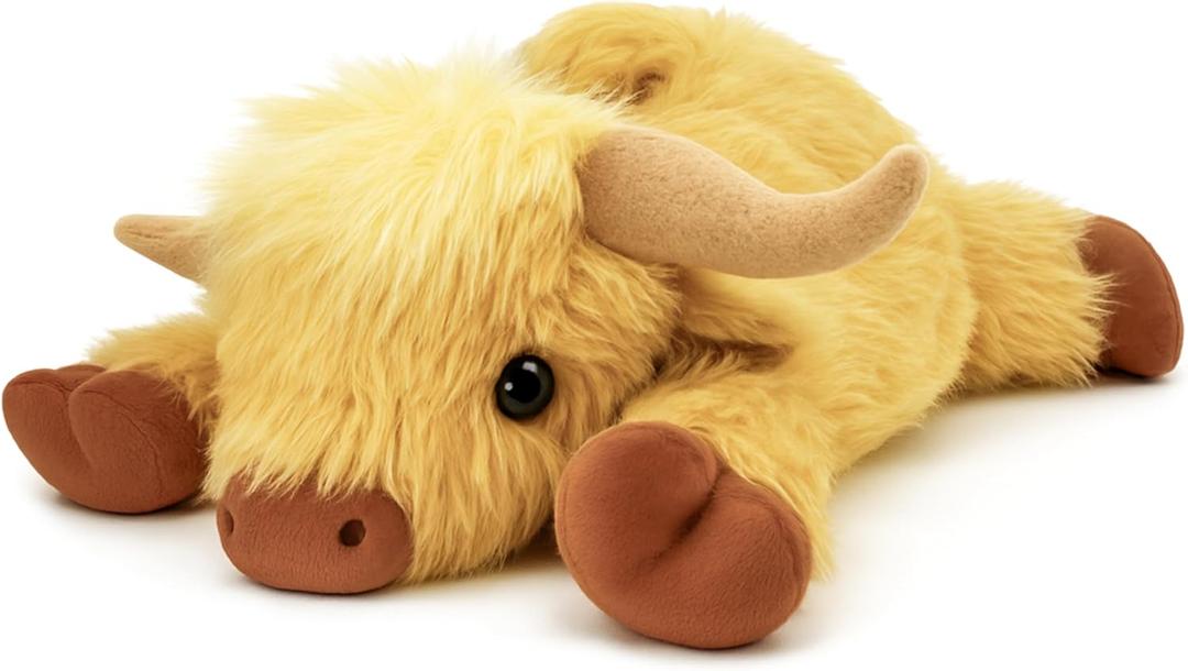 Highland Cow Plush Toy, 4-Pound Weighted Stuffed Animal, Microwaveable and Coolable - Suitable for Boys and Girls (Beige)