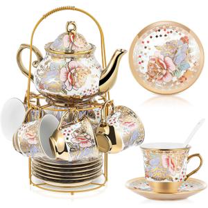 Zhehao 20 Pcs Porcelain Tea Set with Metal Holder and Spoon Adult Ceramic Tea Set European Flower Painting Teapot Cup Saucer Spoon for Women, Large Version(Rustic Style)