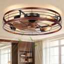 VOLISUN 27.6'' Caged Ceiling Fan with Light and Remote,Rustic Low Profile Ceiling Fan with Light Flush Mount, Farmhouse Bladeless Fandelier Ceiling Fans with Lights for Kitchen,Bedroom-Wood