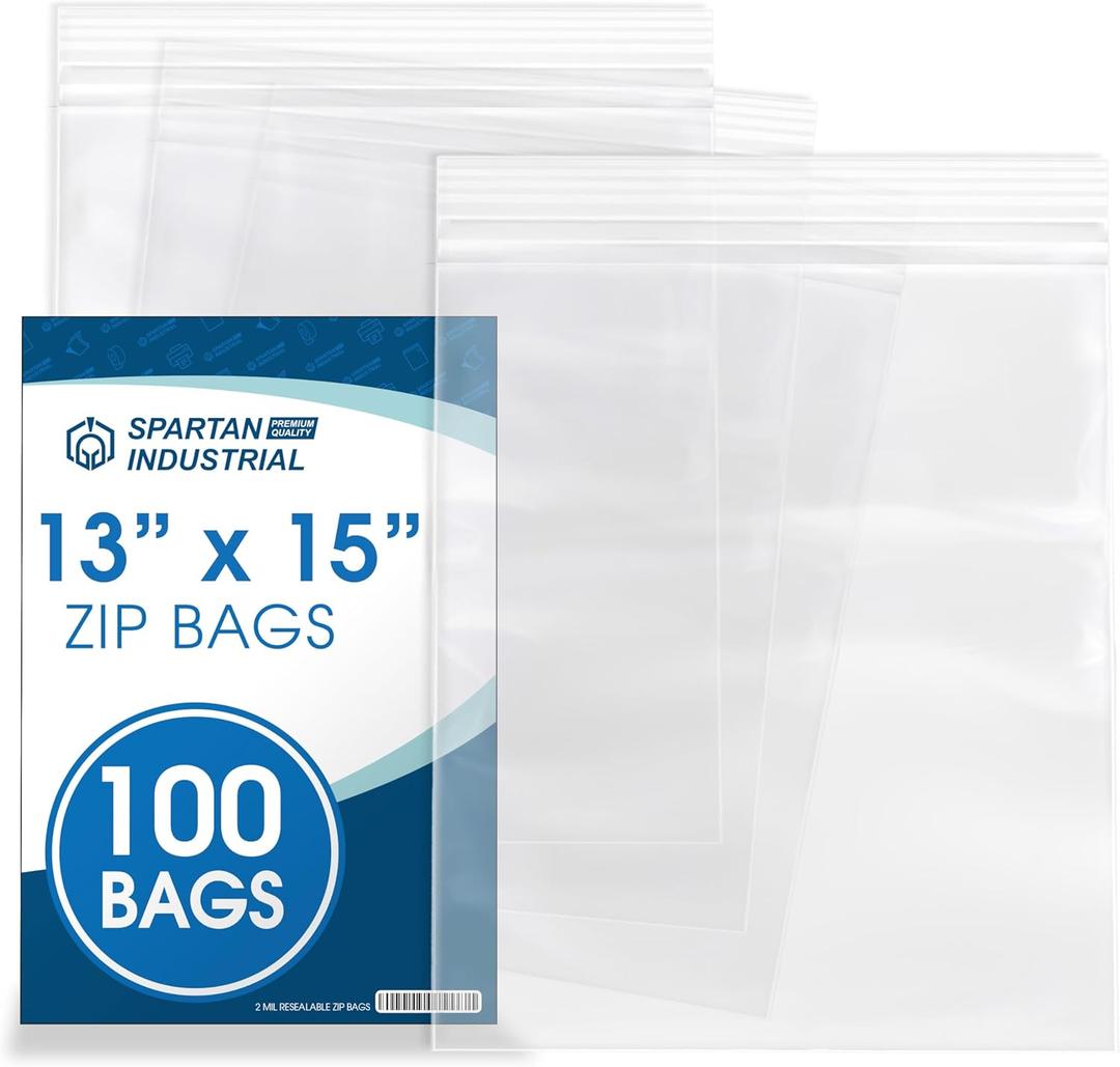 Spartan Industrial - 13" X 15" (100 Count) 2 Mil Clear Reclosable Zip Plastic Poly Bags with Resealable Lock Seal Zipper