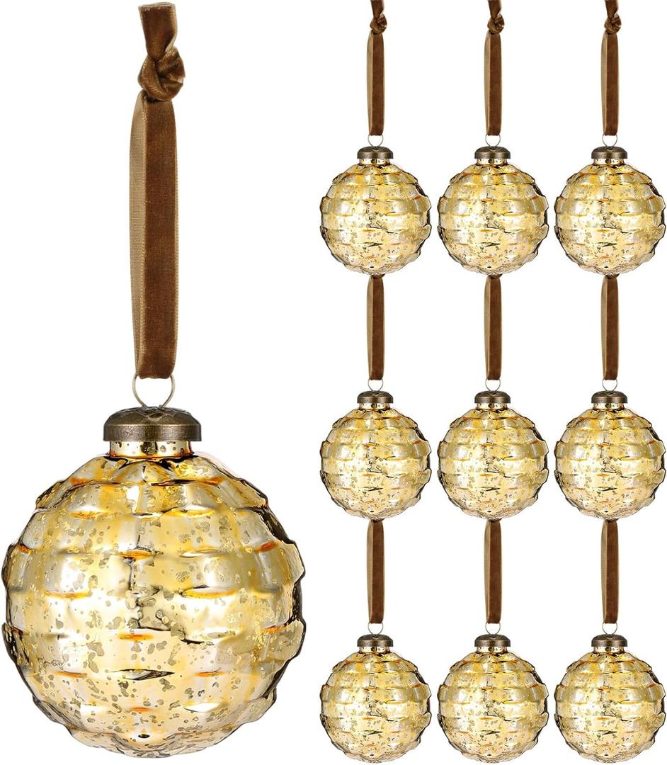 Soulchen 9 Pcs Large Mercury Glass Christmas Ornaments 3.15" Vintage Hanging Ornaments Hanging Christmas Ball Decorations for Xmas Tree Decor(Gold)
