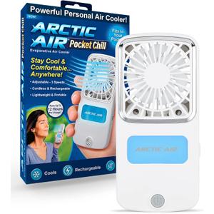 Arctic Air Portable Fan, Pocket Chill Handheld Mini Fan, Rechargeable Personal Air Cooler with Hydro-Chill Technology, 3 Speeds & Built-in Kickstand, Cordless for Travel, Indoor or Outdoor Use