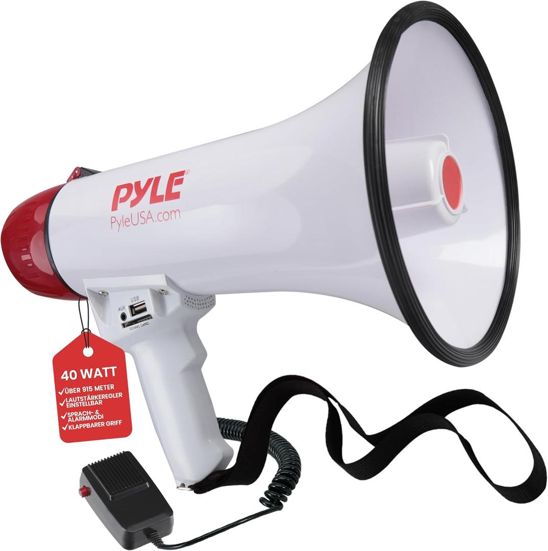 Pyle 40W Megaphone Bullhorn with Built-in Siren, Adjustable Volume Control, 1200-Yard Range, Bluetooth Connectivity, Handheld Mic - Ideal for Football, Soccer, Baseball, Cheerleading & Safety Drills