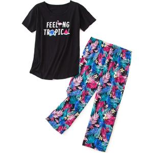 SISKIN Womens Pajama Sets - Capri Pajamas for Women Set Plus Size Sleepwear Tops with Capri Pants Summer Pjs Sets (Size XX-Large, Black Colorleaf - Feeling Tropical)