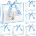 Aliceset 12 Pcs Clear Plastic Gift Bags with Die Cut Handles Reusable Gift Wrapping Bag with Ribbon for Wedding Valentine Bridal Shower Baby Shower, 12 x 10 x 5''(Blue)
