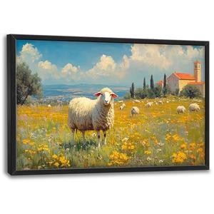 Large Netherland Sheep Wall Art for Living Room, Nature Country Landscape Canvas Oversized Wall Decor Country Framed Pictures Painting Print Artwork for Bedroom Office 36" L x 24" W