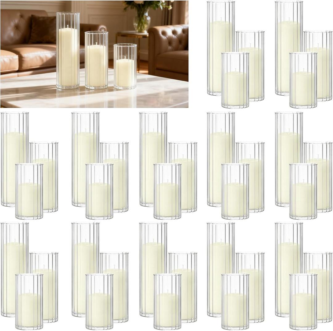 72 PCS Ivory Pillar Candles and Ribbed Glass Cylinder Vases, 36+36