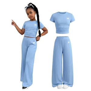SOLY HUX Girl's Bow Print Short Sleeve T Shirt Pants Outfits (Blue)