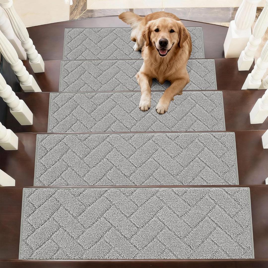 BEQHAUSE Edging Stair Treads for Wooden Steps 9" x 28", Non Slip Carpet Stair Treads Indoor Stair Runners, Soft Stair Rugs, Machine Washable, 100% Polyester, TPE Backing, 15pcs, Grey
