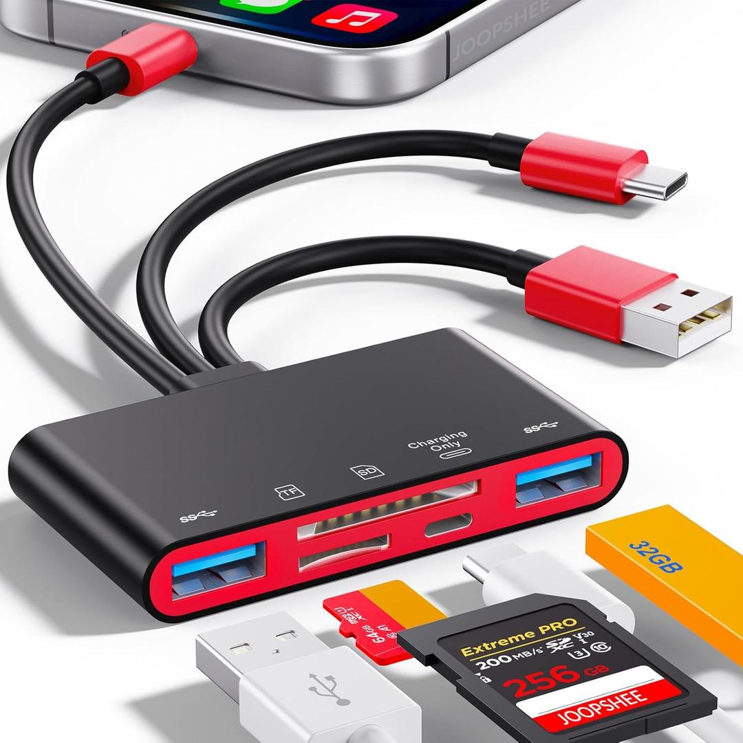 5-in-1 Memory Card Reader, USB OTG Adapter & SD Card Reader for i-Phone/i-Pad, USB C and USB A Devices with Micro SD & SD Card Slots, Supports SD/Micro SD/SDHC/SDXC/MMC(Black/Red)