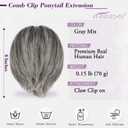 BARSDAR Claw Clip Short Human Hair Gray Ponytail Extension - 8 Inch DIY Styles Claw Clip Real Human Hair Grey Messy Bun Hairpieces for Women - Bendable Metals Thick Natural Short Gray Ponytail Daily