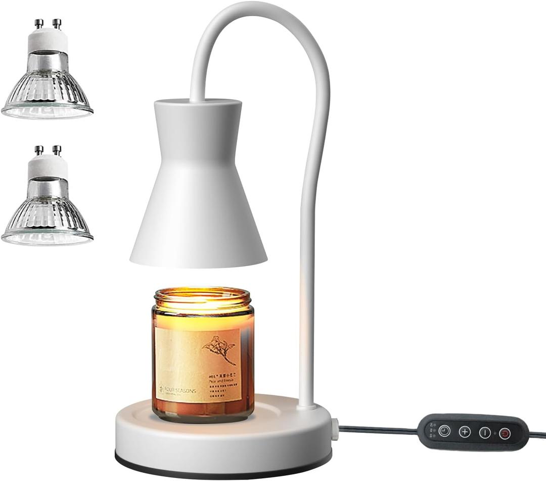 LALISU Candle Warmer Lamp with Timer and Dimmer, Vintage Electric Candle Melter with 2 Bulbs, Melter Scented Candle Height Adjustable Compatible with Jar Candles, House Warming Gifts (White)