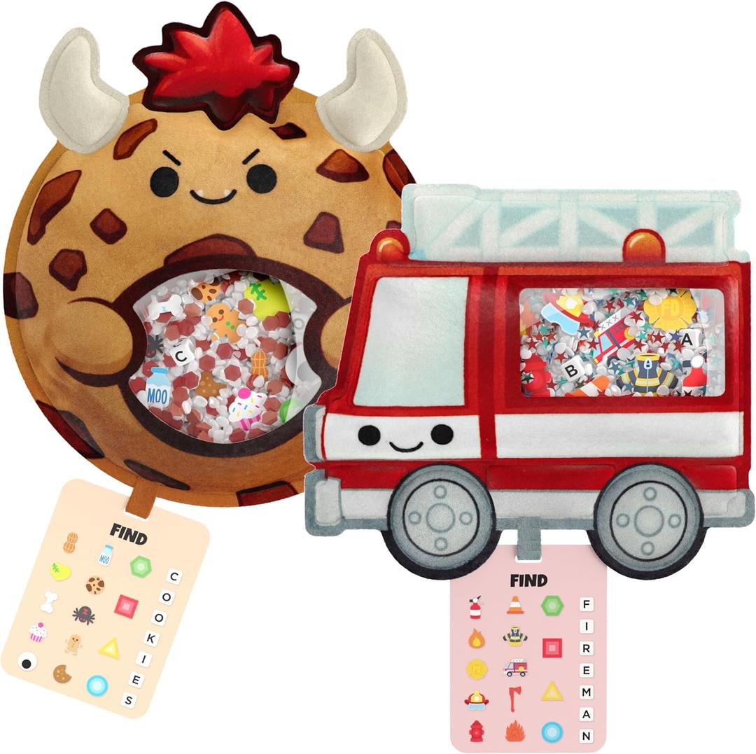 Vango BIZYBOO - The Original Seek & Find Plush - Hidden Object Search Problem Solving Educational Matching Game for Kids 2 and Up - 2 Pack (Crumbs & Blaze)