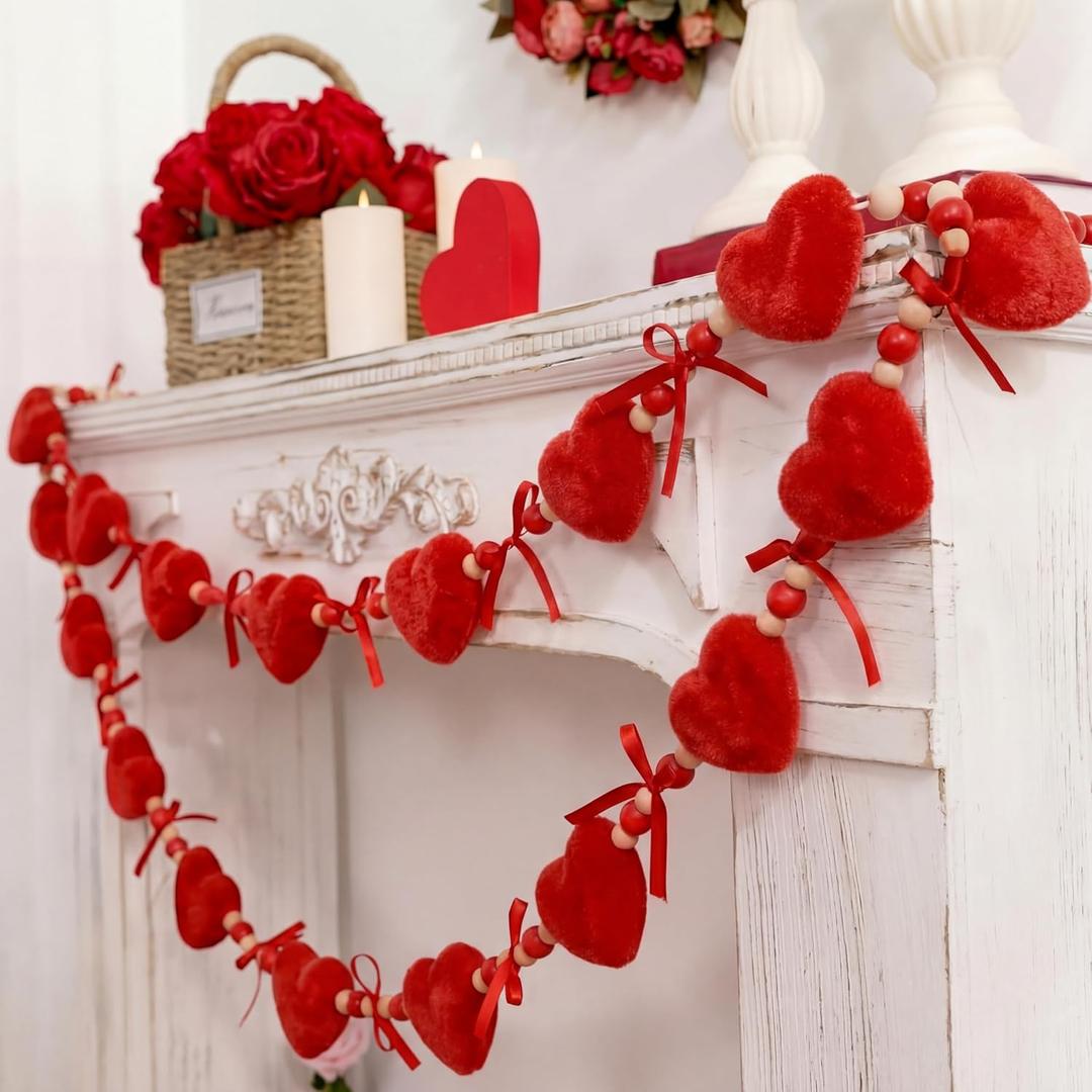 Gilprop 4.92 ft Valentine's Day Heart Garland Velvet Hanging Banner with Wooden Beads and Red Heart Valentines Bow Velvet Garland for Mantle Fireplace Wall Anniversary Wedding Home Decorations