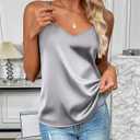 Zeagoo Women's 1 Pack Silk Satin Tank Tops 2025 V Neck Adjustable Spaghetti Strap Sleeveless Camisole Summer Basic Blouse, Light Gray, S