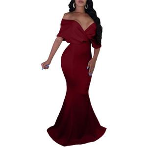 GOBLES Women Sexy V Neck Off The Shoulder Evening Gown Fishtail Maxi Dress (XL, Wine Red)