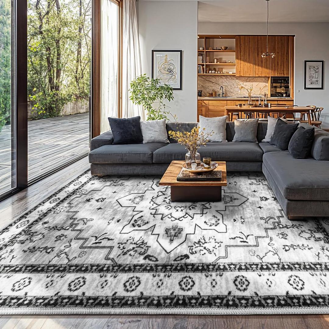 LBRO2M Boho Area Rug 9X12 Washable Rugs for Bedroom Low Piles Indoor Carpet, Non Slip Soft Rug for Living Room, Dining Room, Gray Rug Foldable Pet Friendly Area Rugs Stain Resistant (9'X12' Gray)