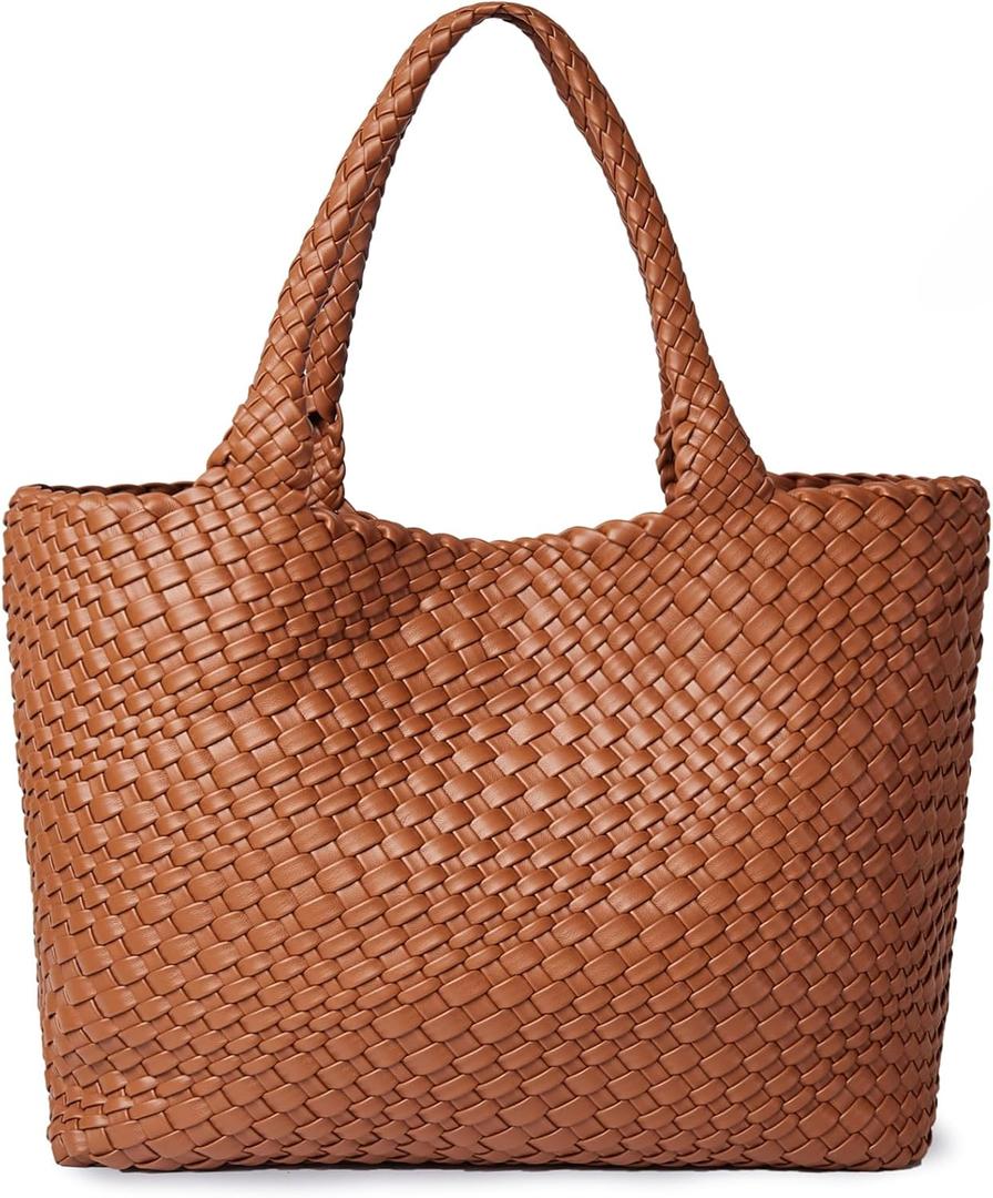 Woven Shoulder Bag for Women, Fashion Top Handle Soft Vegan Leather Shopper (Brown)