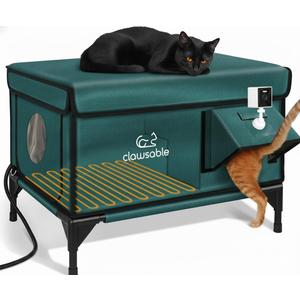 Indestructible Heated Cat House with Pet Camera for Outside Winter, 100% Waterproof, Escape Door, Insulated Outdoor Cat Shelter with Heater for Feral Barn Cat Kitty (Forest Green, 25.5"x16"x18")
