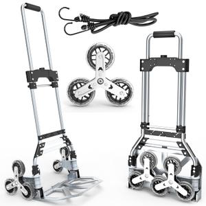 Stair Climbing Cart, 220 LBS Aluminum Stair Climber Dolly, Heavy Duty Folding Hand Truck Dolly with 6 Wheels, Telescoping Handle and Elastic Rope for Home, Moving, Groceries, Warehouse (Black Gray)