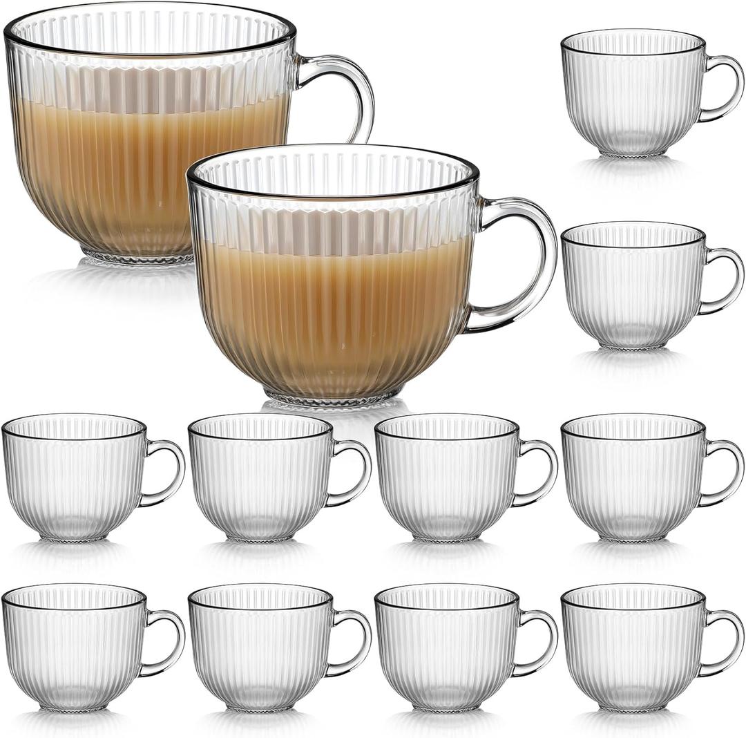 12 Pack Glass Coffee Mugs with Handles, 12 Ounces Glass Breakfast Mugs Bulk, Clear Tea Cups for Hot/cold Drinks, Glassware Set for Americano, Latte, Cappuccino (Ribbed)