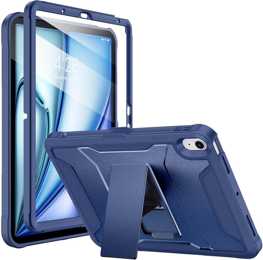 Soke Case for iPad Air 11-inch M3/M2 (2025/2024), iPad Air 5th/4th Generation 10.9-inch (2022/2020), with Built-in Screen Protector and Kickstand, Rugged Full Body Protective Cover - Navy