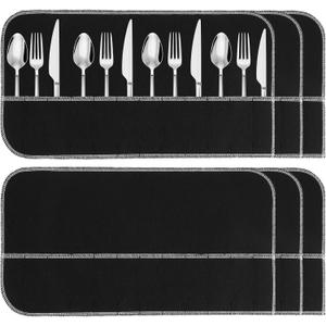6 Pcs Anti Tarnish Silver Storage Bags with Ribbons Silver Storage Cloth Felt Flatware Organizer Anti Tarnish Protector Bags Place Setting Roll with White Ribbon for Kitchen Cutlery Utensils
