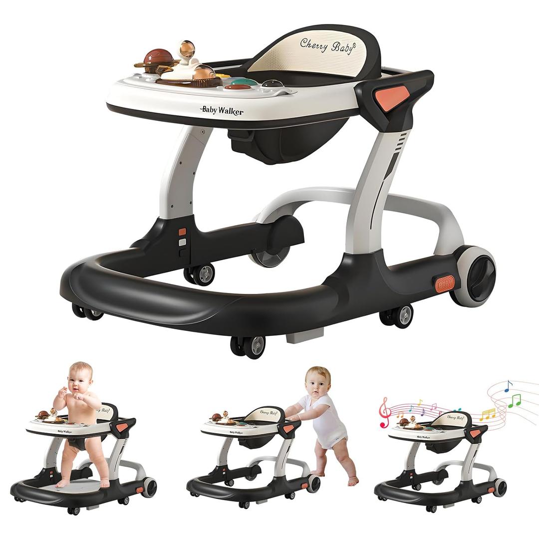 Baby Walker,Music & Lights Baby Walker with Wheels,9 Adjustable Heights Baby Activity Center,Baby Walkers with Foot Pads for Boys Girls Babies,Anti-Fall Bouncer Combo