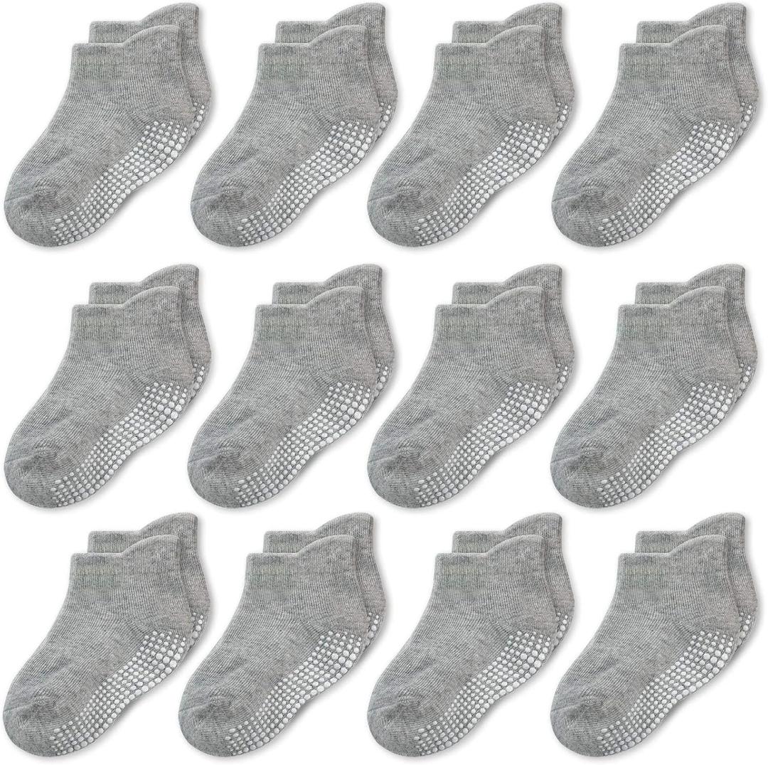 CozyWay Baby & Toddler Socks with Grippers Non Slip Ankle Grip Socks For Boys and Girls - Comfy Soft Cotton - 12 Pack (Gray), Size: 1-3T