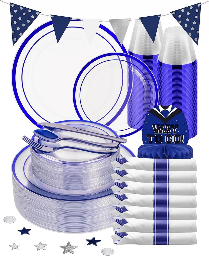 Goodluck 350 Pieces Blue Plastic Plates, Clear Plastic Silverware Disposable Plates Set, Include 100 Plates, 50 Pack Pre Rolled Napkins with Silverware, 50 Cups for Party, Wedding, Graduation